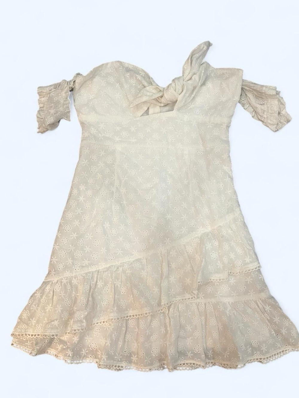 Fashion Nova Cream Eyelet Cold-Shoulder Ruffle Mini Dress
